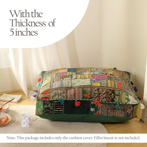 THE ART BOX Cotton Patchwork Vintage Boho Embroidered Floor Pillows & Cushion Cover Dog Pouf Seating Pouf Meditation Pillow Pet Bedding Cat Bed Boho Home Décor (35x35 Inches, Cover Only) - color: Dark Green