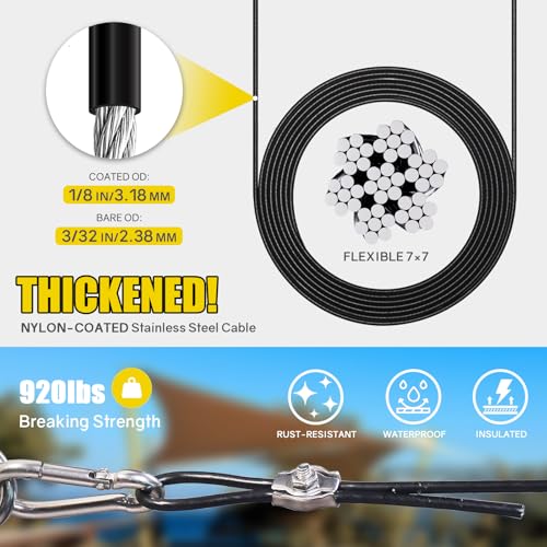 NEREUS Sun Shade Sail Hardware Kit with 12FT Vinyl Coated 304 Stainless Steel Wire Rope for Triangle Rectangle Sun Shade Sail Installation, Shade Sail Installation Kit for Outdoor Patio Garden