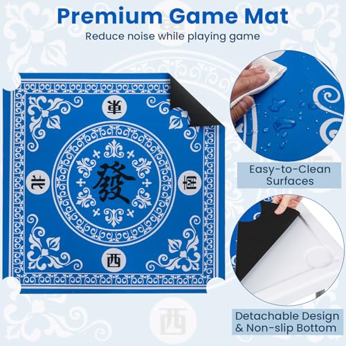 Goplus Mahjong Table, 35" Square Folding Card Table w/4Cup Holders, Anti Slip Mat, HDPE Tabletop, Metal Legs, Portable Mahjong Game Table for Domino Game, Picnic (Ocean Blue, Table w/Removable Mat) - style: Ocean Blue, Table w/Removable Mat