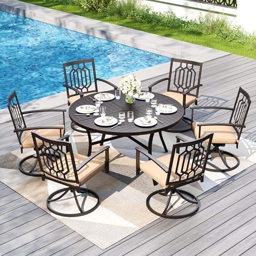 PHI VILLA 7 Pieces Round Outdoor Dining Set for 6, 54" Black Wrought Iron Table with Umbrella Hole & Swivel Metal Steel Chairs, Outside Furniture Set for Patio, Porch, Deck, Backyard - color: Hexagon Back Swivel Chair, size: 7PCS-54" Round Table
