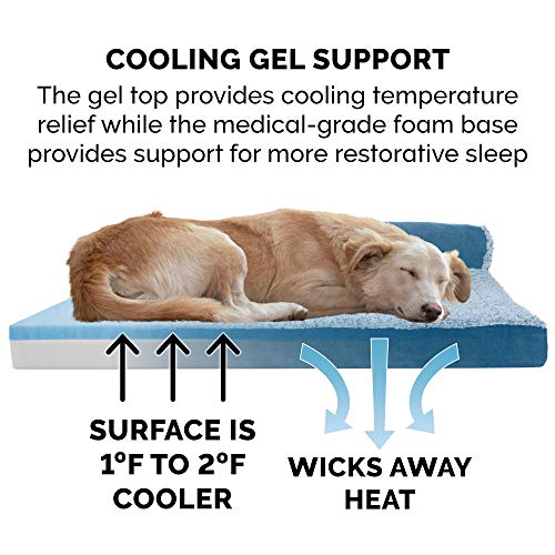 Furhaven Cooling Gel Dog Bed for Large Dogs w/ Removable Bolsters & Washable Cover, For Dogs Up to 95 lbs - Two-Tone Plush Faux Fur & Suede L Shaped Chaise - Marine Blue, Jumbo/XL - color: (Two-Tone Faux Fur & Suede) Marine Blue, size: Jumbo