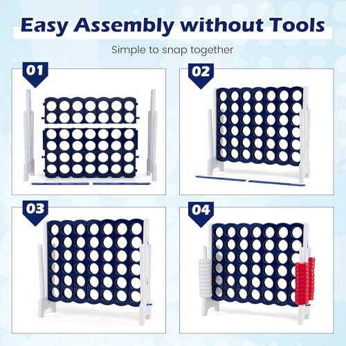 GLACER Giant 4-in-A-Row Game Set, 4-to-Score Game with Quick-Release Slider & 42 Jumbo Rings, 3.5FT Tall Outdoor Yard Games for Family Parties, Kids & Adults - color: Dark Blue+white