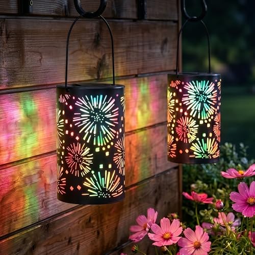 Brizled Solar Lantern Outdoor, July 4th Firework Lanterns Colorful, Waterproof LED Solar Tabletop Lamp, 2 Pack Hanging Solar Garden Lanterns, Metal Garden Pathway Lighting for Patio Path Porch Balcony - size: 2 Pack, style: Firework Lantern Light