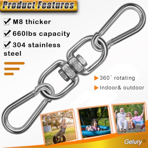 2 Pack Swing Swivels, 304-Stainless Steel Swivel Ring, Heavy Duty Double Ended Swivel Eye Hook with Snap Hooks, Swing Spinner Hanger for Web Tree Swing, Hammock - color: Silver, size: M8 x 2Pack