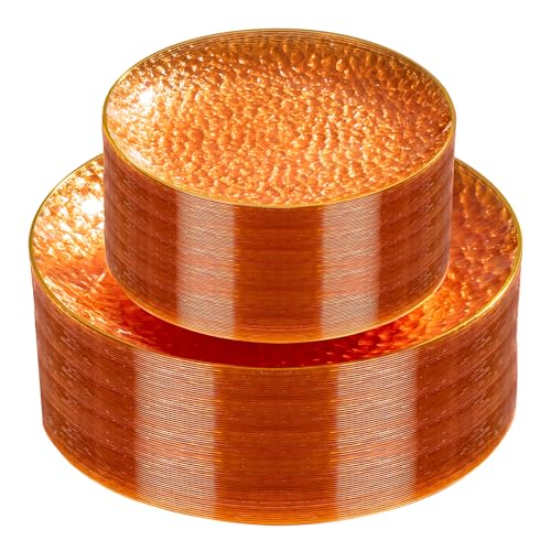 Rubtlamp 60Pcs Orange Plastic Plates, Orange Disposable Plates With Gold Rim, Hammered Plastic Plates Include 30 Dessert Platos, 30 Dinner Platos for Party - color: Clear Orange Gold