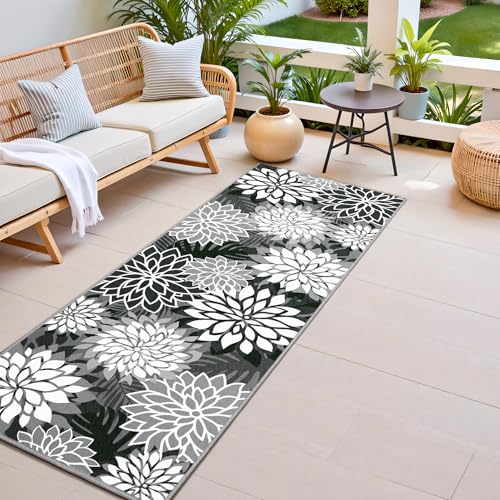 2x6 Washable Runner Rug for Hallway Tropical Botanical Modern Floral Chenille Kitchen Rugs Low Pile Non Slip Carpet for Patio, Bedroom, Laundry, Black - color: Black White, size: 2' x 6' (Rectangular)
