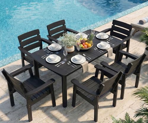 7-Piece Outdoor Dining Set, All-Weather HIPS Patio Table & Chairs for 6, Outdoor Furniture with Umbrella Hole, Ideal for Garden, Poolside, Backyard, Deck, Black - color: Black, size: 7 Pcs (1t+6c)