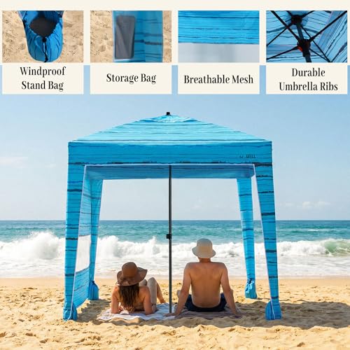 UPWELL Beach Tent Easy Set Up Canopy Sun Shelter Shade with UPF 50+UV Protection Portable Beach Umbrella Outdoor Sunwall with Sand Pockets for Fishing Backyard Camping(Deep Sea Blue) - color: Deep Sea Blue
