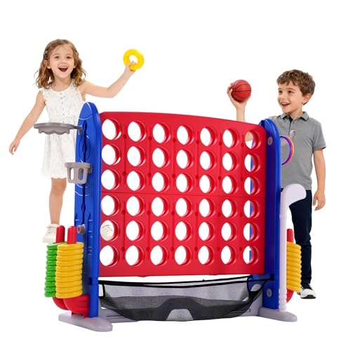 4-in-1 Giant 4-in-a-Row Connect Game Set with Basketball Hoop & Ring Toss – Height Adjustable Jumbo Outdoor Yard Game, Quick Release, for Kids & Adults – Red Mainboard with Blue Side Panels