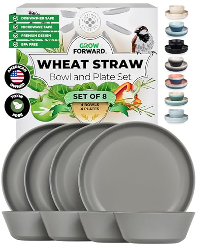 Grow Forward Premium Wheat Straw Plates and Bowls Sets - 8-Piece Wheat Straw Dinnerware Sets - Unbreakable & Reusable Microwave Safe Plastic Dinner Plates for Outdoors, RV, Camping Dishes - Feather - color: Feather Gray