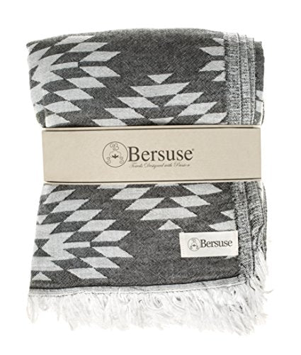 Bersuse 100% Cotton Teotihuacan XL Throw Blanket Turkish Towel Beach Blanket - Beach Camping Essentials - 75x90 Inches, Black - color: Black