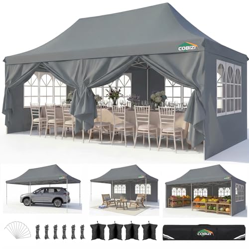COBIZI 10x20 Pop Up Canopy with 6 Sidewalls, Conical Party Tent 10x20 with 3 Adjustable Height Waterproof, UV-Resistant with Carry Bag, Sandbag, Stake, Ropes for Parties, Commercial (Frame Upgraded) - color: Light Gray, size: 10x20FT