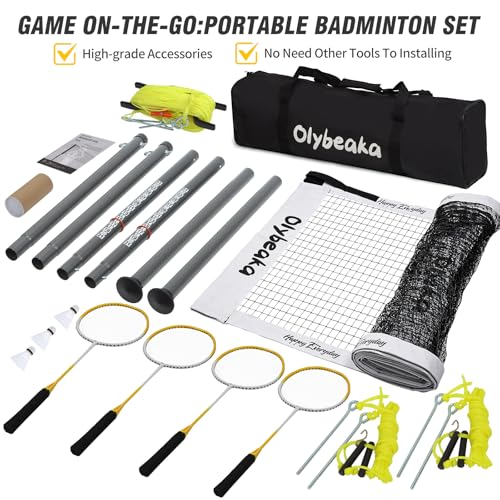 Outdoor Badminton Set for Backyard Lawn Beach Portable Badminton Net Set System with Anti Sagging Design 4 Carbon Aluminum Rackets 3 Birdies and Carrying Bag - color: White