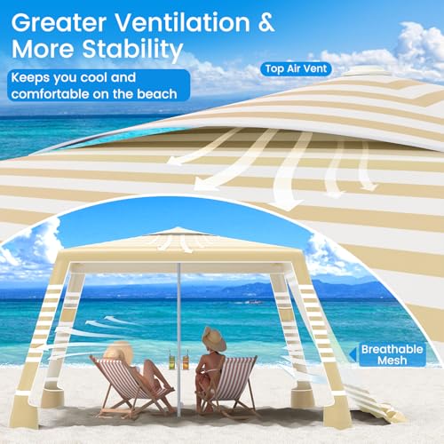 MoKo Beach Cabana, 8'×8' Large Beach Canopy with Side Wall, UPF 50+ Protection Easy Setup Beach Tent Sun Shelter, Adjustable Height Wind Resistant Cabana Beach Tent for Whole Family, Khaki Stripe - color: Khaki Stripe