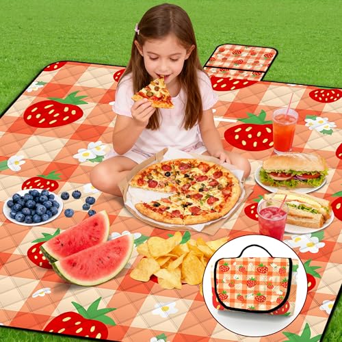 Extra Large Picnic Blanket Waterproof,80"x 80"Foldable Machine Washable Beach Blanket,Outdoor Blanket for 6-8 Adults,Suitable for Indoor Crawling,Park Beach,Camping,Hiking,Family Travel(Orange) - color: Orange Strawberries, size: 6'8" x 6'8" (Square)