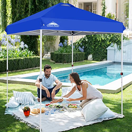EAGLE PEAK Pop Up Canopy Tent with Wheeled Carry Bag, 8 Stakes, 4 Ropes, Easy Set Up Tent Canopy, 6.6x6.6 ft, Blue - color: Blue, size: 6.6x6.6
