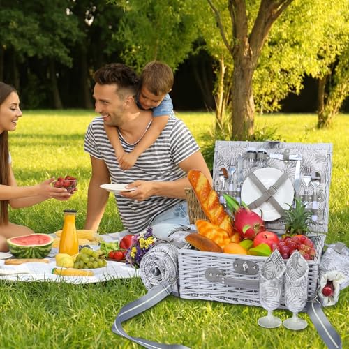 Picnic Basket for 2 with Blanket, Willow Picnic Basket Set with Shoulder Strap&Wine Pouch, Large Willow Hamper with Insulated Cooler for Outdoor, Camping, Beach, Couples, Wedding Gift - color: Gray Leaves