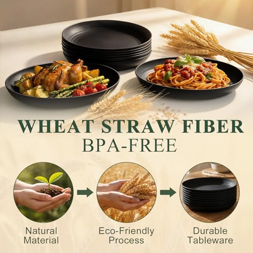 Dinner Plates 9 Inch, Wheat Straw Plates Set of 8, Alternatives to Plastic Plates Rusable, Unbreakable Serving Dishes, Microwave Safe Salad Plates for Breakfast, Lunch, Dinner - Black - color: Black, size: 9 inch