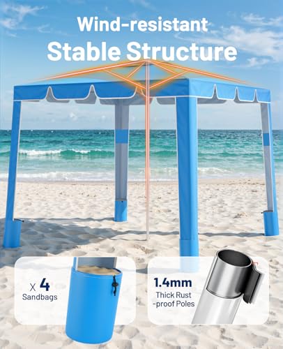 Rhino Valley Beach Cabana, 120 Sq. Ft Beach Canopy UPF50+ Protection, Easy Setup & Adjustable Height Beach Tent Sun Shelter with Cup Holder, Portable for 4-8 People, Blue - color: Blue