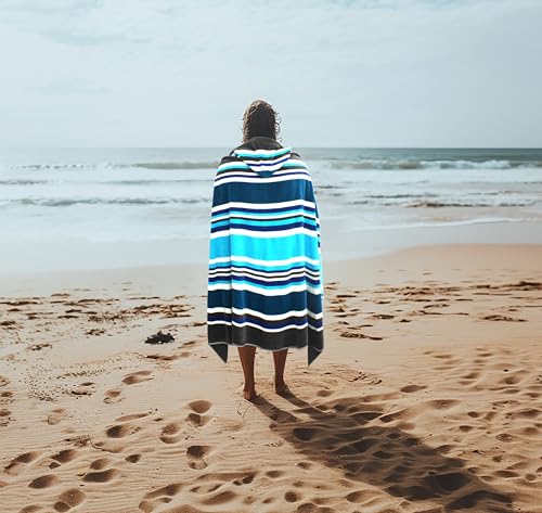 COTTON CRAFT Hooded Beach Towel – Oversized 39 x 68 Towel with Hood for Adults - 100% Ringspun Cotton Velour Terry Towel Stripe Bath Wrap - Super Soft Plush Absorbent Quick Dry – 450 GSM – Cancun Blue - color: Cancun Blue Multi, size: 1 Pack - 39x68 Hoode