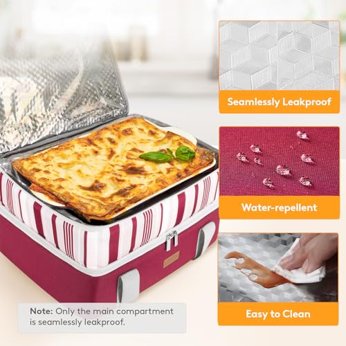 LUNCIA Insulated Double Decker Casserole Carrier, Lasagna Lugger Tote Keeps Food Hot or Cold, Thermal Lunch Bag for Potluck Parties, Picnic and Cookouts, Fits 9" x 13" Baking Dish, Red - color: Red, size: 15.7 x 11.4 x 8.3inch