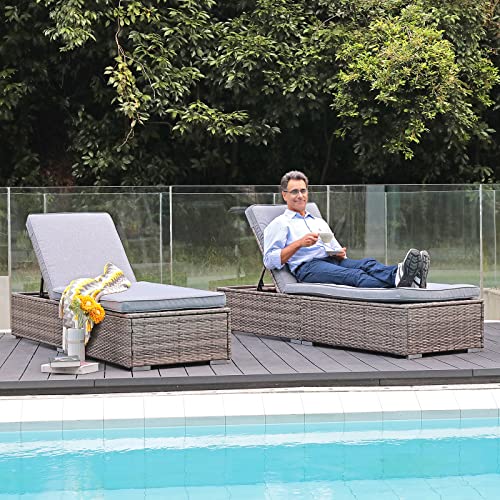 Patiorama Outdoor Patio Chaise Lounge Chair, Elegant Reclining Adjustable Pool Rattan Chaise Lounge Chair with Cushion, Grey PE Wicker, Steel Frame, for Deck, Poolside, Backyard (Light Grey) - color: Grey