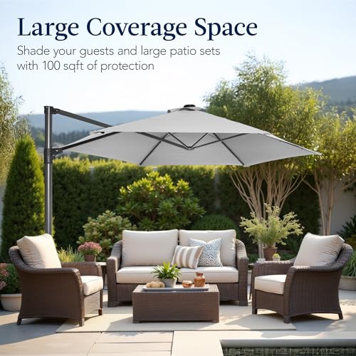 Best Choice Products 10ft Offset Cantilever Hanging Market Patio Umbrella, Smooth 360° Rotation, 8 Sturdy Ribs, Easy Adjustment - Fog Gray - color: Fog Gray, size: Offset w/ 360° Rotation