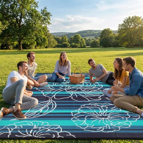 Garvee 6x9 Outdoor Waterproof Rug, Floral Outdoor Area Rug，Reversible Plastic Straw Patio Rug, Portable Camping Mat for RV, Picnic, Beach, Balcony, Garden & Camping Black&Blue - color: Blackblue, size: 6' x 9' (Rectangular)
