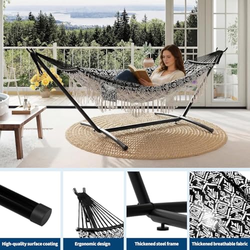 Portable Double Hammock with Stand, 450 lb Capacity Heavy Duty 2-Person Hammock Bed with Decorative Lace, Large Comfortable Outdoor Hammock for Patio, Backyard, Poolside, Easy Tool-Free Assembly