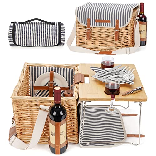 Wicker Picnic Basket for 2 with Detachable Table, Elasticated Wine Holder, Shoulder Carrying Willow Picnic Hamper Set with Premium Tableware & Blanket for Outdoor, Wedding, Anniversary, Birthday Gift - size: M for 2P-Traditional
