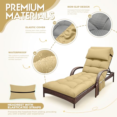Outdoor Chaise Lounge Chair Cushion, Waterproof Outdoor Chair Cushions for Patio Furniture, 71 x 21 x 4 Inches Replacement Chaise Lounge Cushion with Ties (Khaki) - color: Kakhi