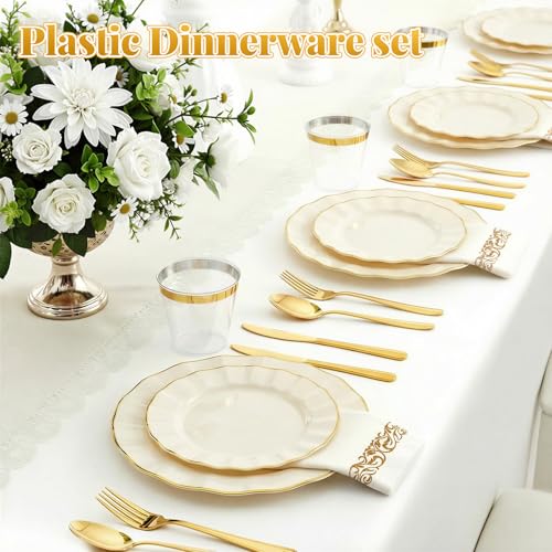 175 Piece Plastic Dinnerware Set Disposable Dinnerware Set for 25 Guests Include 50 Plastic Plates 25 Silverware Set 25 Cups and 25 Napkins for Mother's Day Party Wedding Birthday（White and Gold） - color: White and Gold