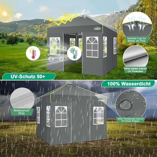 COBIZI 10x10 Pop Up Canopy Tent, Outdoor Party Tent with 4 Sidewall One Push Setup Glow, 3 Adjustable Height Air Vent Waterproof UPF50+, Bag, 4 Sandbag, 8 Stake, 4 Rope for Beach, Commercial - color: Gray, size: 10x10【with 4 sidewalls】
