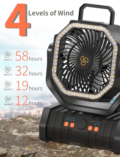 Battery Operated Fan Portable Battery Powered Outdoor Camping Tent Fan with LED Lantern Light 20000mAh Rechargeable, Oscillating, 360° Rotating Hanging Hook, Cordless USB Desk Fan(Black)