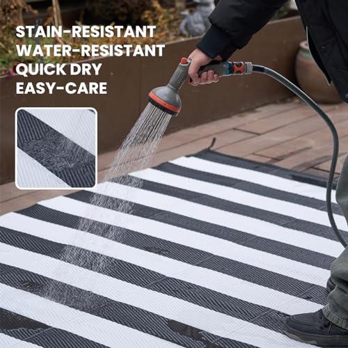 Outdoor Rug 6 x 9 ft, Reversible Plastic Straw Rug for Patio, Waterproof Large Outdoor Carpet for RV, Patio, Camping, Backyard, Deck, Picnic, Beach, Black & White - color: Black/White, size: 6'x9'