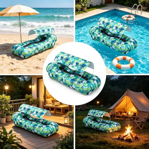 Inflatable Air Lounger with Sun Shade - Camping Air Sofa, No-Pump Blow Up Couch for Outdoor, Portable-Air Hammock, Lightweight Waterproof Fabric for Hiking Picnic Vacation Backyard Seaside - color: Green