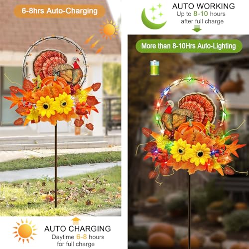 Solar Thanksgiving Turkey Outdoor Decor with Multi-Colorful Lights,Fall Yard Sign Garden Stake for Pathway,Patio or Farmhouse Porch - color: Turkey