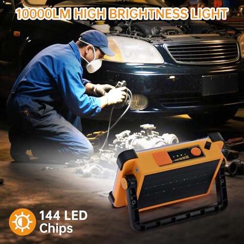 Rechargeable Flood Light - 10000LM LED Portable Work Light with Stand, 6600MAh Job Site Flashlight Spotlight for Car Repair,Camping, Emergency - Solar Hand Held Lamp IP66 Waterproof 4 Modes - Yellow