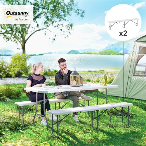 Outsunny 2-Pack 6 Ft. Plastic Folding Benches, Portable Foldable Bench Seats with Carrying Handle, Non-Slip Mat, HDPE Tabletop, Picnic Benches for Camping Dining Picnic BBQ Sports, White - color: White
