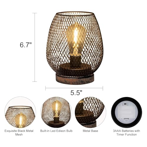 2 Pack Battery Operated Lamp Outdoor Table Lantern,Metal Cage Cordless Lamps with LED Bulb for Weddings Parties Patio Events Indoor Outdoor Patio Bedroom Living Room(Bronze)