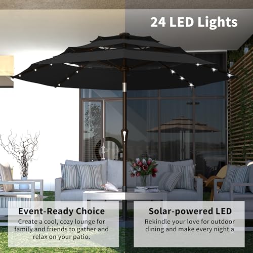 Kingdura 9ft 3-Tier Patio Umbrella with Solar Lights, Table Umbrella Outdoor Patio with Easy Crank & Tilt, 8 Sturdy Ribs, UV Protection, 32 LED Lights for Deck, Poolside, Market (Black) - color: Black-LED, size: 9 FT