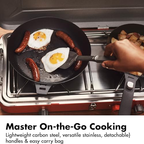 OXO Outdoor 8 Piece Camping Cookware Set, 10" Pre-Seasoned Carbon Steel Frying Pan Skillet, 2.25QT and 5QT Stainless Steel Saucepans with Lids, Removeable Handle, Trivet, Travel Bag, Space-Saving - size: 8 Piece Cookware Set