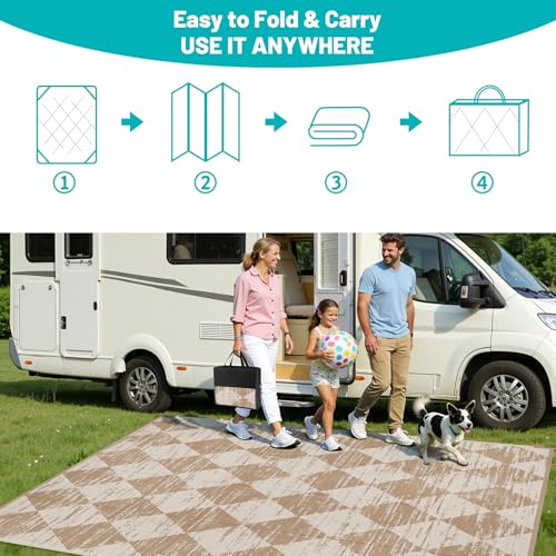 HEBE Checkered Outdoor Rug Waterproof 8x10, Reversible Plastic Straw Rug RV Camping Rug, Indoor Outdoor Patio Mat Clearance, Outside Carpet for Porch, Deck, Camper, Balcony, Backyard, Picnic - color: Light Beige, size: 8' x 10' (Rectangular)