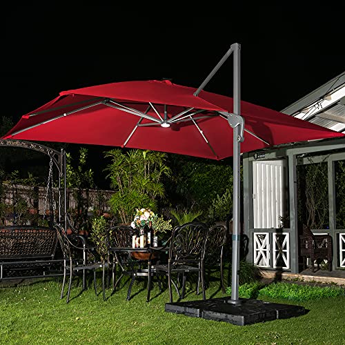 Sunnyglade 10x13ft Solar Powered LED Cantilever Patio Umbrella Square Deluxe Offset Umbrella 360°Rotation & Integrated Tilting System & LED lights for Market Garden Deck Pool Backyard Patio - color: Red, size: 10X13FT