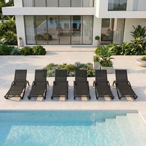 Patio Chaise Lounge Chairs Set of 6, All-Weather Aluminum Pool Loungers for Outside, 5-Position Adjustable Sunbathing Chairs for Tanning, Stackable for Backyard, Poolside, Black - color: Black, size: Set of 6