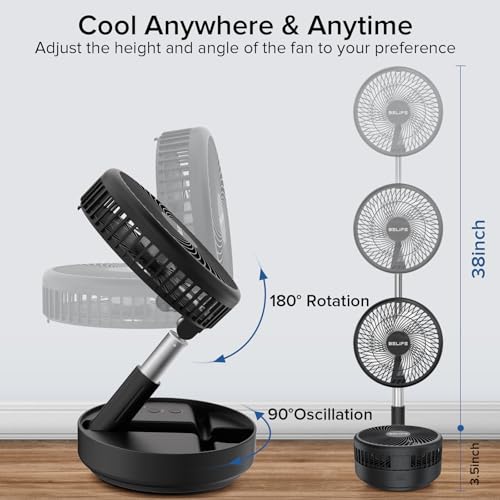 Belife X8 Portable Fan, 7200mAh Battery Powered Rechargeable, Oscillating USB Desk Floor Fan with Remote, Foldable Telescopic Fan for Home Bedroom Sleeping Office Camping Travel, 7.7" (Black) - color: Black, style: Oscillating