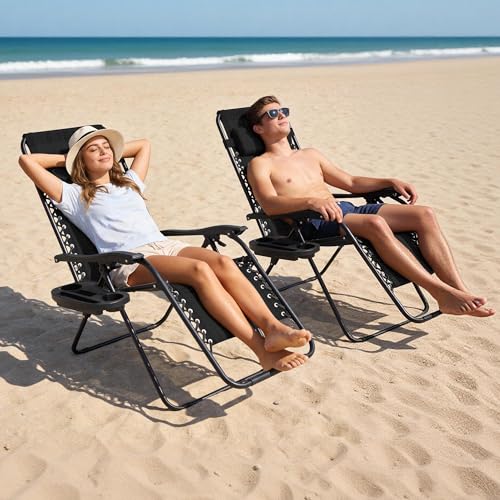 Zero Gravity Chair Set of 4 Oversized Folding Recliner, Padded Anti Gravity Lounge Chair with Adjustable Pillow & Cup Holder for Outdoor Camping, Patio, Poolside, Lawn (Black) - color: Black, size: 4 PCS