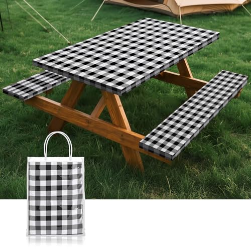 Picnic Table Cover with Bench Coversa nd Bag, Waterproof Windproof Elastic Fitted Tablecloth for 6 Foot Rectangle Tables，Washable with Elastic Edges for Outdoor Camping(Black & White, 30"x72") - color: Black&grey(checkered)