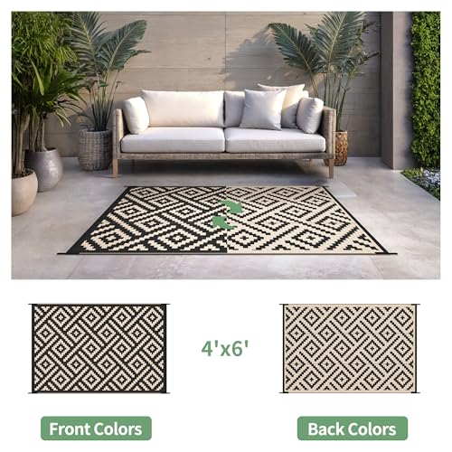 sarben Outdoor Rug for Patio - Waterproof Plastic Straw Camping Rugs 4x6 ft, Reversible Outdoor Indoor RV Mat Carpet for Patio, Porch, Deck, Balcony, Picnic, Beach, Black Beige - color: Black&beige, size: 4' x 6' (Rectangular)