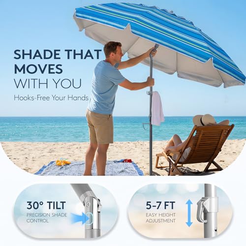 PASAMIC 7ft Beach Umbrella for Sand with Sand Anchor & Tilt, UPF 50+ Protection Beach Umbrellas for Heavy Duty Wind Portable with Carry Bag and Hook, for Patio Garden Pool, Light Blue Stripes - color: Light Blue Stripes, size: 7FT